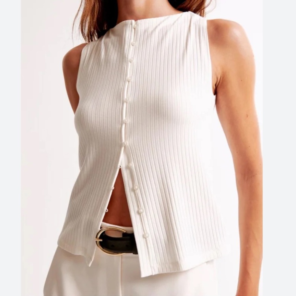 Abercrombie & Fitch Wide Rib Button Slash Women’s White Sleeveless Top